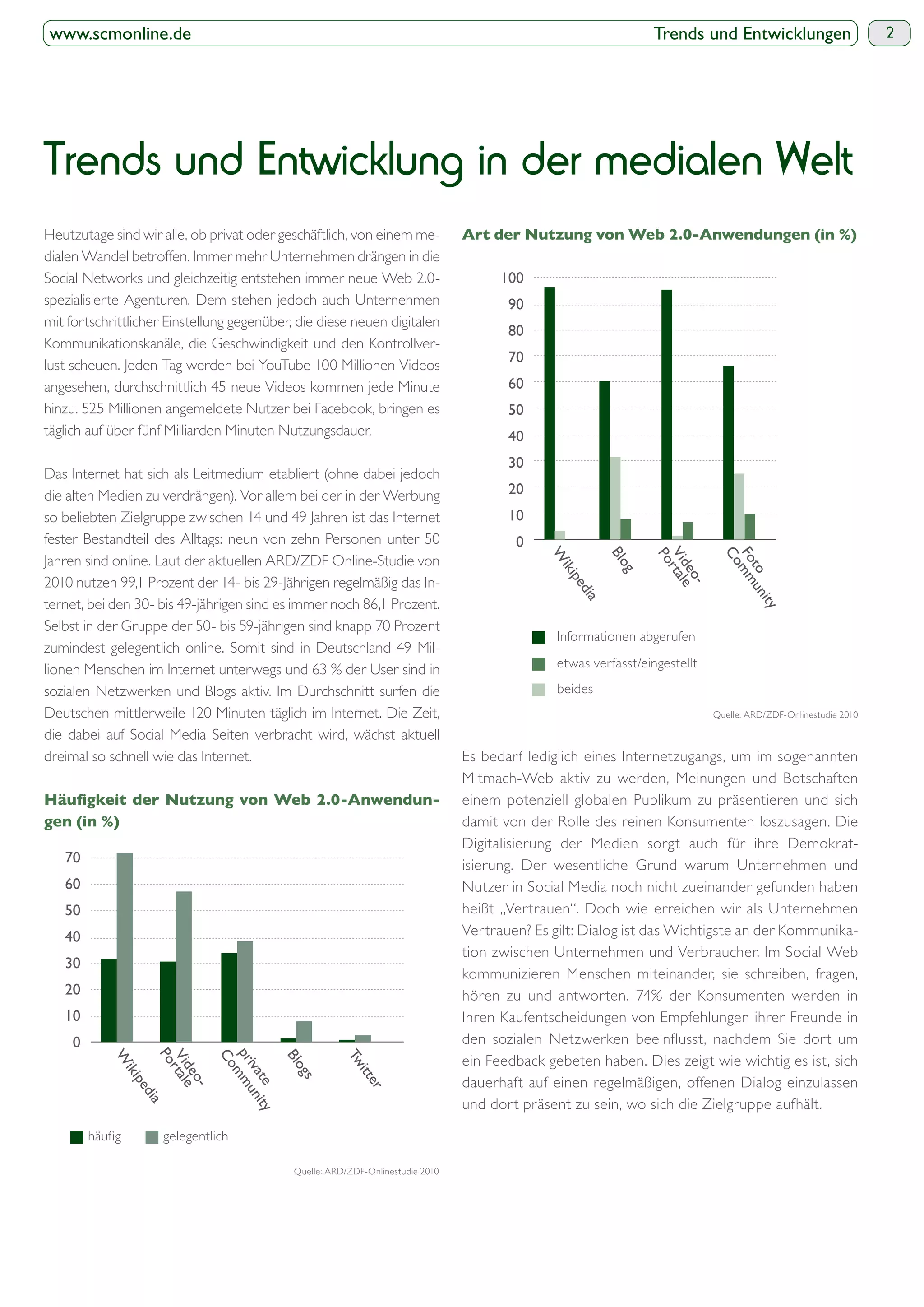 www.scmonline.de                                                                                              Trends und Entwicklungen                     2




Trends und Entwicklung in der medialen Welt
Heutzutage sind wir alle, ob privat oder geschäftlich, von einem me-
dialen Wandel betroffen. Immer mehr Unternehmen drängen in die
Social Networks und gleichzeitig entstehen immer neue Web 2.0-                        100
spezialisierte Agenturen. Dem stehen jedoch auch Unternehmen                           90
mit fortschrittlicher Einstellung gegenüber, die diese neuen digitalen
                                                                                       80
Kommunikationskanäle, die Geschwindigkeit und den Kontrollver-
                                                                                       70
lust scheuen. Jeden Tag werden bei YouTube 100 Millionen Videos
angesehen, durchschnittlich 45 neue Videos kommen jede Minute                          60
hinzu. 525 Millionen angemeldete Nutzer bei Facebook, bringen es                       50
täglich auf über fünf Milliarden Minuten Nutzungsdauer.                                40
                                                                                       30
Das Internet hat sich als Leitmedium etabliert (ohne dabei jedoch
die alten Medien zu verdrängen). Vor allem bei der in der Werbung                      20
so beliebten Zielgruppe zwischen 14 und 49 Jahren ist das Internet                     10
fester Bestandteil des Alltags: neun von zehn Personen unter 50                         0



                                                                                                        Blo




                                                                                                                            Fo
                                                                                             W
Jahren sind online. Laut der aktuellen ARD/ZDF Online-Studie von




                                                                                                                               t
                                                                                               iki


                                                                                                         g




                                                                                                                               o
2010 nutzen 99,1 Prozent der 14- bis 29-Jährigen regelmäßig das In-
                                                                                                 pe
                                                                                                  dia
ternet, bei den 30- bis 49-jährigen sind es immer noch 86,1 Prozent.
Selbst in der Gruppe der 50- bis 59-jährigen sind knapp 70 Prozent
zumindest gelegentlich online. Somit sind in Deutschland 49 Mil-
lionen Menschen im Internet unterwegs und 63 % der User sind in
sozialen Netzwerken und Blogs aktiv. Im Durchschnitt surfen die
Deutschen mittlerweile 120 Minuten täglich im Internet. Die Zeit,                                                      Quelle: ARD/ZDF-Onlinestudie 2010

die dabei auf Social Media Seiten verbracht wird, wächst aktuell
dreimal so schnell wie das Internet.                                            Es bedarf lediglich eines Internetzugangs, um im sogenannten
                                                                                Mitmach-Web aktiv zu werden, Meinungen und Botschaften
                                                                                einem potenziell globalen Publikum zu präsentieren und sich
                                                                                damit von der Rolle des reinen Konsumenten loszusagen. Die
                                                                                Digitalisierung der Medien sorgt auch für ihre Demokrat-
   70                                                                           isierung. Der wesentliche Grund warum Unternehmen und
   60                                                                           Nutzer in Social Media noch nicht zueinander gefunden haben
   50                                                                           heißt „Vertrauen“. Doch wie erreichen wir als Unternehmen
   40                                                                           Vertrauen? Es gilt: Dialog ist das Wichtigste an der Kommunika-
                                                                                tion zwischen Unternehmen und Verbraucher. Im Social Web
   30
                                                                                kommunizieren Menschen miteinander, sie schreiben, fragen,
   20                                                                           hören zu und antworten. 74% der Konsumenten werden in
   10                                                                           Ihren Kaufentscheidungen von Empfehlungen ihrer Freunde in
     0
                                                                                ein Feedback gebeten haben. Dies zeigt wie wichtig es ist, sich
                      Vi




                                          Blo


                                                       Tw
           W



                       de
             iki




                                                         itt
                                            gs




                                                                                dauerhaft auf einen regelmäßigen, offenen Dialog einzulassen
                         o-
               pe




                                                           er
                dia




                                                                                und dort präsent zu sein, wo sich die Zielgruppe aufhält.



                                            Quelle: ARD/ZDF-Onlinestudie 2010
 