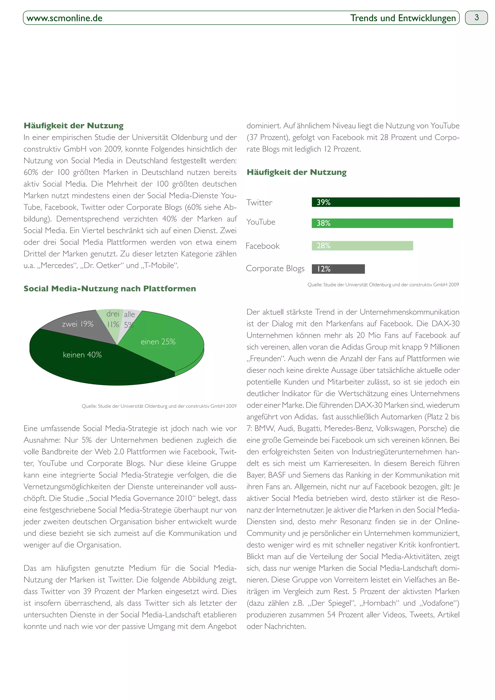 www.scmonline.de                                                                                                                Trends und Entwicklungen                              3




                                                                                          dominiert. Auf ähnlichem Niveau liegt die Nutzung von YouTube
In einer empirischen Studie der Universität Oldenburg und der                             (37 Prozent), gefolgt von Facebook mit 28 Prozent und Corpo-
construktiv GmbH von 2009, konnte Folgendes hinsichtlich der                              rate Blogs mit lediglich 12 Prozent.
Nutzung von Social Media in Deutschland festgestellt werden:
60% der 100 größten Marken in Deutschland nutzen bereits
aktiv Social Media. Die Mehrheit der 100 größten deutschen
Marken nutzt mindestens einen der Social Media-Dienste You-
                                                                                                                 39%
Tube, Facebook, Twitter oder Corporate Blogs (60% siehe Ab-
bildung). Dementsprechend verzichten 40% der Marken auf
                                                                                                                 38%
Social Media. Ein Viertel beschränkt sich auf einen Dienst. Zwei
oder drei Social Media Plattformen werden von etwa einem                                                         28%
Drittel der Marken genutzt. Zu dieser letzten Kategorie zählen
u.a. „Mercedes“, „Dr. Oetker“ und „T-Mobile“.                                                                    12%
                                                                                                             Quelle: Studie der Universität Oldenburg und der construktiv GmbH 2009




                                                                                          Der aktuell stärkste Trend in der Unternehmenskommunikation
                                                                                          ist der Dialog mit den Markenfans auf Facebook. Die DAX-30
                                                                                          Unternehmen können mehr als 20 Mio Fans auf Facebook auf
                                                                                          sich vereinen, allen voran die Adidas Group mit knapp 9 Millionen
                                                                                          „Freunden“. Auch wenn die Anzahl der Fans auf Plattformen wie
                                                                                          dieser noch keine direkte Aussage über tatsächliche aktuelle oder
                                                                                          potentielle Kunden und Mitarbeiter zulässt, so ist sie jedoch ein
                                                                                          deutlicher Indikator für die Wertschätzung eines Unternehmens
                 Quelle: Studie der Universität Oldenburg und der construktiv GmbH 2009   oder einer Marke. Die führenden DAX-30 Marken sind, wiederum
                                                                                          angeführt von Adidas, fast ausschließlich Automarken (Platz 2 bis
Eine umfassende Social Media-Strategie ist jdoch nach wie vor                             7: BMW, Audi, Bugatti, Meredes-Benz, Volkswagen, Porsche) die
Ausnahme: Nur 5% der Unternehmen bedienen zugleich die                                    eine große Gemeinde bei Facebook um sich vereinen können. Bei
volle Bandbreite der Web 2.0 Plattformen wie Facebook, Twit-                              den erfolgreichsten Seiten von Industriegüterunternehmen han-
ter, YouTube und Corporate Blogs. Nur diese kleine Gruppe                                 delt es sich meist um Karriereseiten. In diesem Bereich führen
kann eine integrierte Social Media-Strategie verfolgen, die die                           Bayer, BASF und Siemens das Ranking in der Kommunikation mit
Vernetzungsmöglichkeiten der Dienste untereinander voll auss-                             ihren Fans an. Allgemein, nicht nur auf Facebook bezogen, gilt: Je
chöpft. Die Studie „Social Media Governance 2010“ belegt, dass                            aktiver Social Media betrieben wird, desto stärker ist die Reso-
eine festgeschriebene Social Media-Strategie überhaupt nur von                            nanz der Internetnutzer. Je aktiver die Marken in den Social Media-
jeder zweiten deutschen Organisation bisher entwickelt wurde
und diese bezieht sie sich zumeist auf die Kommunikation und                              Community und je persönlicher ein Unternehmen kommuniziert,
weniger auf die Organisation.                                                             desto weniger wird es mit schneller negativer Kritik konfrontiert.
                                                                                          Blickt man auf die Verteilung der Social Media-Aktivitäten, zeigt
                                                                                          sich, dass nur wenige Marken die Social Media-Landschaft domi-
Nutzung der Marken ist Twitter. Die folgende Abbildung zeigt,                             nieren. Diese Gruppe von Vorreitern leistet ein Vielfaches an Be-
dass Twitter von 39 Prozent der Marken eingesetzt wird. Dies                              iträgen im Vergleich zum Rest. 5 Prozent der aktivsten Marken
ist insofern überraschend, als dass Twitter sich als letzter der                          (dazu zählen z.B. „Der Spiegel“, „Hornbach“ und „Vodafone“)
untersuchten Dienste in der Social Media-Landschaft etablieren                            produzieren zusammen 54 Prozent aller Videos, Tweets, Artikel
konnte und nach wie vor der passive Umgang mit dem Angebot                                oder Nachrichten.
 