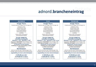 adnord.brancheneintrag
                BUSINESS                                              PLUS                                        PREMIUM
              Google Places                                    Google Places                                    Google Places
 Erweiterung und Pflege Ihres Eintrags mit         Erweiterung und Pflege Ihres Eintrags mit        Erweiterung und Pflege Ihres Eintrags mit
             FIRMEN-LOGO                                       FIRMEN-LOGO                                      FIRMEN-LOGO
            HOMEPAGE-LINK                                     HOMEPAGE-LINK                                    HOMEPAGE-LINK
            E-MAIL-KONTAKT                                    E-MAIL-KONTAKT                                   E-MAIL-KONTAKT
           TELEFONNUMMER                                     TELEFONNUMMER                                    TELEFONNUMMER
           ÖFFNUNGSZEITEN                                    ÖFFNUNGSZEITEN                                   ÖFFNUNGSZEITEN
                5 FOTOS                                           5 FOTOS                                          5 FOTOS
         VIDEO (falls vorhanden)                           VIDEO (falls vorhanden)                          VIDEO (falls vorhanden)
          ZAHLUNGSOPTIONEN                                  ZAHLUNGSOPTIONEN                                 ZAHLUNGSOPTIONEN

           Google AdWords                                   Google AdWords                                   Google AdWords
        2 Branchen-Suchbegriffe                          4 Branchen-Suchbegriffe                          6 Branchen-Suchbegriffe
   „Branche 1 + Ort“ „Branche 2 + Ort“           „Branche 1 + Ort“ „Branche 2 + Ort“ u.s.w.       „Branche 1 + Ort“ „Branche 2 + Ort“ u.s.w.
Garantierte Top-Position Ihres Eintrags in der   Garantierte Top-Position Ihres Eintrags in der   Garantierte Top-Position Ihres Eintrags in der
Trefferliste von Google in einem Umkreis von     Trefferliste von Google in einem Umkreis von     Trefferliste von Google in einem Umkreis von
       15 Kilometer um Ihren Standort                   20 Kilometer um Ihren Standort                   25 Kilometer um Ihren Standort
 Erstellung von einer Text-Anzeige zu Ihrem              Erstellung von 2 Text-Anzeigen                   Erstellung von 4 Text-Anzeigen
                Unternehmen                                  zu Ihrem Unternehmen                             zu Ihrem Unternehmen
              Berichtswesen                                    Berichtswesen                                    Berichtswesen
 Jährliche Berichte über Einblendungen Ihrer      Jährliche Berichte über Einblendungen Ihrer      Jährliche Berichte über Einblendungen Ihrer
Anzeige sowie die Aufrufe Ihres Brachenprofils   Anzeige sowie die Aufrufe Ihres Brachenprofils   Anzeige sowie die Aufrufe Ihres Brachenprofils
 Upgradefähig mit einem adnord.klickpaket         Upgradefähig mit einem adnord.klickpaket         Upgradefähig mit einem adnord.klickpaket
          € 249,00 pro Jahr                                € 349,00 pro Jahr                                € 449,00 pro Jahr
         € 479,00 für 2 Jahre                             € 659,00 für 2 Jahre                             € 839,00 für 2 Jahre
       Alle Preise verstehen sich zzgl. MwSt.           Alle Preise verstehen sich zzgl. MwSt.           Alle Preise verstehen sich zzgl. MwSt.




                                                                                                                                                   5
                                                                                                                                                   3
                                                                                                                                                   5
                                                                                                                                                   3
 