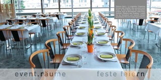 Gekonnt feiern – in origineller Umgebung
drinnen oder draußen: Das zeit.areal bietet
Feste- & Feier-Räume für alle denkbaren
Anlässe. Egal ob Betriebsfeier, Geburtstag,
Hochzeit, Jubiläum oder Empfang – nutzen
Sie die thematisch und räumlich flexibel
gestaltbaren Orte mit einzigartigem Charme.
27
 