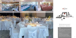 29
Multifunktionsraum/
Eventraum „Kantine“
„Kantina“Facts
// Raumgröße 380 m2
, Breite 14 m x Länge 21 m
Raumhöhe 3,98 m (inkl. Flurbereich 5 x 18 m),
Raumhöhe Flur 2,98 m
// Platz bis zu 300 Personen (je nach Bestuhlung)
// Ausstattung:
300 Stühle, 40 Tische und 12 Stehtische
Flexible Bühne: 6 x 4 m, Höhe 30 cm
Beamer, Leinwand, Flipchart, Tonanlage,
Musikflügel, Cateringküche, Graphit-Steinboden
D
P
F
2
A
11⁄1
3
Kantine
C
Einfahrt ⁄ Entry
Kunst-
Akademie
Galerie
Kesselhaus
H
B
EO
10
10⁄ 1
10⁄ 3 10⁄4
10⁄2
Industriehof
Industriehof
Industriehof
Johann-Sebastian-Bach Str.
Industriehof 6
6
G
Gewölbekeller
 