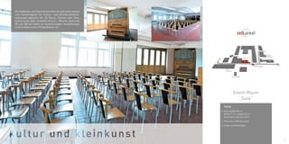 37
Die Gebäude- und Raumensembles im zeit.areal eignen
sich hervorragend für Kultur- und Kleinkunstveran-
staltungen jeglicher Art. Ob Musik, Theater oder Tanz,
literarische oder bildhafte Kunst – Räume zwischen
50 und 600 qm laden zu Inszenierungen, Ausstellungen
und künstlerischen Produktionen ein.
D
P
F
2
A
11⁄1
3
Kantine
C
Einfahrt ⁄ Entry
Kunst-
Akademie
Galerie
Kesselhaus
H
B
EO
10
10⁄ 1
10⁄ 3 10⁄4
10⁄2
Industriehof
Industriehof
Industriehof
Johann-Sebastian-Bach Str.
Industriehof 6
6
G
Gewölbekeller
Event-Raum
„Sala“
Facts
// Raumgröße 600 m2
Breite 17 m x Länge 35,5 m
Raumhöhe 3,40 bis 4,30 m
// Platz bis zu 300 Personen
// Orgel und Musikflügel
 
