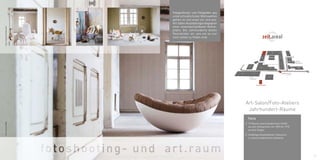 41
Fotos:HildasZimmer–www.britschilling.de,rosconiGmbH
Fotos:www.britschilling.de
Fotografinnen und Fotografen aus
unterschiedlichsten Motivwelten
gehen im zeit.areal ein und aus.
Art-Salon-Ausstellungenbegegnen
einer unverwechselbaren Atmos-
phäre. Die Jahrhunderte bieten
Raumbilder an, wie sie so nur
noch selten zu finden sind.
D
P
F
2
A
11⁄1
3
Kantine
C
Einfahrt ⁄ Entry
Kunst-
Akademie
Galerie
Kesselhaus
H
B
EO
10
10⁄ 1
10⁄ 3 10⁄4
10⁄2
Industriehof
Industriehof
Industriehof
Johann-Sebastian-Bach Str.
Industriehof 6
6
G
Gewölbekeller
Art-Salon/Foto-Ateliers
Jahrhundert-Räume
Facts
// 12 Räume unterschiedlichster Größe
aus den Zeitepochen von 1892 bis 1975
auf drei Etagen
// Vielfältige Gewölbekeller-Szenarien
in unterschiedlichstem Ambiente
Foto:rosconiGmbH
 