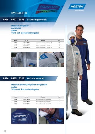 Respiratory Mask with
       exhalation valve and active carbon ﬁlter

       OVERALLER

8976   8977 8978          Lackeringsoverall

       Material: Polyester
       Antistatisk
       Andas
       Tvätt- och återanvändningsbar


         Modell      Art. nr               Produkt                 Förp.
          8976     66254428976    Lackeringsoverall - Storlek M     10
          8977     66254428977    Lackeringsoverall - Storlek L     10
          8978     66254428978    Lackeringsoverall - Storlek XL    10




8314   8315 8316          Verkstadsoverall

       Material: Bomull/Polyester (Polycotton)
       Andas
       Tvätt- och återanvändningsbar


         Modell      Art. nr               Produkt                 Förp.
          8314     07660718314    Verkstadsoverall - Storlek M      5
          8315     07660718315    Verkstadsoverall - Storlek L      5
          8316     07660718316    Verkstadsoverall - Storlek XL     5




12
 