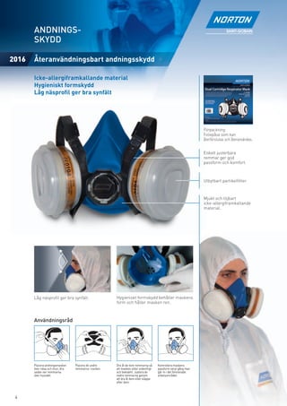 ANDNINGS-
       SKYDD

2016   Återanvändningsbart andningsskydd

       Icke-allergiframkallande material
       Hygieniskt formskydd
       Låg näsproﬁl ger bra synfält




                                                                                                              Förpackning:
                                                                                                              Foliepåse som kan
                                                                                                              återförslutas och återanvändas.


                                                                                                              Enkelt justerbara
                                                                                                              remmar ger god
                                                                                                              passform och komfort.



                                                                                                              Utbytbart partikelﬁlter.



                                                                                                              Mjukt och töjbart
                                                                                                              icke-allergiframkallande
                                                                                                              material.




       Låg näsproﬁl ger bra synfält.                 Hygieniskt formskydd behåller maskens
                                                     form och håller masken ren.



       Användningsråd




       Placera andningsmasken   Placera de undre     Dra åt de övre remmarna så     Kontrollera maskens
       över näsa och mun, dra   remmarna i nacken.   att masken sitter ordentligt   passform varje gång man
       sedan ner remmarna                            och bekvämt. Justera de        går in i det förorenade
       över huvudet.                                 nedre remmarna genom           arbetsområdet.
                                                     att dra åt dem eller släppa
                                                     efter dem.



 4
 