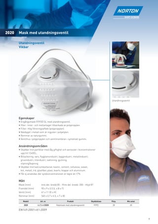 Respiratory Mask with
       exhalation valve and active carbon ﬁlter



2020   Mask med utandningsventil

       Utandningsventil
       Vikbar




                                                                                            Utandningsventil




       Egenskaper
       • Engångsmask FFP2D SL med utandningsventil.
       • Ytter- inner- och mellanlager tillverkade av polypropylen.
       • Filter: Hög ﬁltreringseffekt (polypropylen).
       • Näsbygel i metall som är ingjuten i polyetylen.
       • Remmar av naturgummi.
       • Ventilhus i polypropylen och ventilmembran i syntetiskt gummi.


       Användningsområden
       • Skyddar mot partiklar med låg giftighet och aerosoler i koncentrationer
         upp till 12xOEL.
       • Billackering, varv, ﬂygplansindustri, byggindustri, metallindustri,
         gruvindustri, träindustri, svetsning, gjutning,
         slipning/kapning.
       • Skyddar mot kalciumkarbonat, kaolin, cement, cellulosa, svavel,
         kol, metall, trä, glasﬁber, plast, kvarts, koppar och aluminium.
       • Får ej användas där syrekoncentrationen är lägre än 17%


       Mått
       Mask (mm)            Inre del: bredd 85 - Yttre del: bredd: 200 - Höjd 87
       Framdel (mm)         90 x 9 x 0.5 (L x B x T)
       Ventil (mm)          41 x 11 (D x H)
       Remmar (mm)          560 x 0.7 x 6 (L x T x B)

           Modell          Art. nr                       Produkt              Skyddsklass   Förp.        Min antal
           2020         66254482020           Halvmask med utandningsventil        FFP2      20                20

       EN149:2001+A1:2009


                                                                                                                     7
 