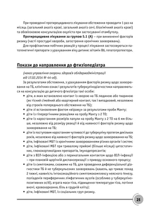 25
При проведенні протирецидивного лікування обстеження проводити 1 раз на
місяць (загальний аналіз крові, загальний аналіз сечі, біохімічний аналіз крові)
та обов’язковою консультацією окуліста при застосуванні етамбутолу.
Протирецидивне лікування за групою 5.1 (А) – при виникненні факторів
ризику (часті простудні хвороби, загострення хронічних захворювань).
Для профілактики побічних реакцій у процесі лікування застосовуються па-
тогенетичні препарати з урахуванням віку дитини: вітамін В6, гепатопротектори.
Покази до направлення до фтизіопедіатра
(наказ управління охорони здоров’я облдержадміністрації
від 17.02.2014 № 44-од).
За результатами обстеження, з урахуванням факторів ризику щодо захворю-
вання на ТБ, клінічних ознак і результатів туберкулінодіагностики направляють-
ся на консультацію до дитячого фтизіатра такі особи:
• діти, в яких встановлено контакт із хворою на ТБ людиною або твариною
(як тісний сімейний або квартирний контакт, так і випадковий, незалежно
від строків попереднього обстеження на ТБ);
• діти зі встановленим фактом «віражу» за результатами проби Манту;
• діти із гіперергічними реакціями на пробу Манту з 2 ТО;
• діти із наростанням розмірів папули на пробу Манту з 2 ТО на 6 мм біль-
ше, незалежно від розміру реакції й від наявності факторів ризику щодо
захворювання на ТБ;
• діти із поступовим наростанням чутливості до туберкуліну протягом декількох
років, незалежно від наявності факторів ризику щодо захворювання на ТБ;
• діти, інфіковані МБТ із хронічними захворюваннями різних органів і систем;
• діти, інфіковані МБТ при тривалому прийомі (більше місяця) цитостатич-
них, глюкокортикоїдних препаратів, імунодепресантів;
• діти з ВІЛ-інфекцією або з перинатальним контактом щодо ВІЛ-інфекції
– при плановій щорічній диспансеризації з приводу основного процесу;
• діти із симптомами, схожими на ТБ, для проведення диференціальної діа-
гностики ТБ й не туберкульозних захворювань (кашель, що триває понад
2 тижні, наявність інтоксикаційного симптомокомплексу неясного ґенезу,
поліаденія периферичних лімфатичних вузлів (особливо у туберкуліно-
позитивних осіб), втрата маси тіла, підвищення температури тіла, потіння
вночі, кровохаркання, біль в грудній клітці;
• діти, інфіковані МБТ, із соціальних груп ризику.
 