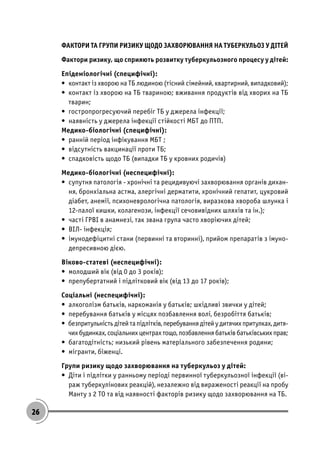 26
ФАКТОРИ ТА ГРУПИ РИЗИКУ ЩОДО ЗАХВОРЮВАННЯ НА ТУБЕРКУЛЬОЗ У ДІТЕЙ
Фактори ризику, що сприяють розвитку туберкульозного процесу у дітей:
Епідеміологічні (специфічні):
• контакт із хворою на ТБ людиною (тісний сімейний, квартирний, випадковий);
• контакт із хворою на ТБ твариною; вживання продуктів від хворих на ТБ
тварин;
• гостропрогресуючий перебіг ТБ у джерела інфекції;
• наявність у джерела інфекції стійкості МБТ до ПТП.
Медико-біологічні (специфічні):
• ранній період інфікування МБТ ;
• відсутність вакцинації проти ТБ;
• спадковість щодо ТБ (випадки ТБ у кровних родичів)
Медико-біологічні (неспецифічні):
• супутня патологія - хронічні та рецидивуючі захворювання органів дихан-
ня, бронхіальна астма, алергічні дерматити, хронічний гепатит, цукровий
діабет, анемії, психоневрологічна патологія, виразкова хвороба шлунка і
12-палої кишки, колагенози, інфекції сечовивідних шляхів та ін.);
• часті ГРВІ в анамнезі, так звана група часто хворіючих дітей;
• ВІЛ- інфекція;
• імунодефіцитні стани (первинні та вторинні), прийом препаратів з імуно-
депресивною дією.
Віково-статеві (неспецифічні):
• молодший вік (від 0 до 3 років);
• препубертатний і підлітковий вік (від 13 до 17 років);
Соціальні (неспецифічні):
• алкоголізм батьків, наркоманія у батьків; шкідливі звички у дітей;
• перебування батьків у місцях позбавлення волі, безробіття батьків;
• безпритульністьдітейтапідлітків,перебуваннядітейудитячихпритулках,дитя-
чих будинках, соціальних центрах тощо, позбавлення батьків батьківських прав;
• багатодітність; низький рівень матеріального забезпечення родини;
• мігранти, біженці.
Групи ризику щодо захворювання на туберкульоз у дітей:
• Діти і підлітки у ранньому періоді первинної туберкульозної інфекції (ві-
раж туберкулінових реакцій), незалежно від вираженості реакції на пробу
Манту з 2 ТО та від наявності факторів ризику щодо захворювання на ТБ.
 