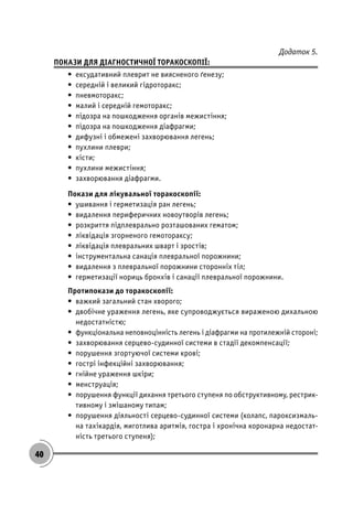 40
Додаток 5.
ПОКАЗИ ДЛЯ ДІАГНОСТИЧНОЇ ТОРАКОСКОПІЇ:
• ексудативний плеврит не виясненого ґенезу;
• середній і великий гідроторакс;
• пневмоторакс;
• малий і середній гемоторакс;
• підозра на пошкодження органів межистіння;
• підозра на пошкодження діафрагми;
• дифузні і обмежені захворювання легень;
• пухлини плеври;
• кісти;
• пухлини межистіння;
• захворювання діафрагми.
Покази для лікувальної торакоскопії:
• ушивання і герметизація ран легень;
• видалення периферичних новоутворів легень;
• розкриття підплеврально розташованих гематом;
• ліквідація згорненого гемотораксу;
• ліквідація плевральних шварт і зростів;
• інструментальна санація плевральної порожнини;
• видалення з плевральної порожнини сторонніх тіл;
• герметизації нориць бронхів і санації плевральної порожнини.
Протипокази до торакоскопії:
• важкий загальний стан хворого;
• двобічне ураження легень, яке супроводжується вираженою дихальною
недостатністю;
• функціональна неповноцінність легень і діафрагми на протилежній стороні;
• захворювання серцево-судинної системи в стадії декомпенсації;
• порушення згортуючої системи крові;
• гострі інфекційні захворювання;
• гнійне ураження шкіри;
• менструація;
• порушення функції дихання третього ступеня по обструктивному, рестрик-
тивному і змішаному типам;
• порушення діяльності серцево-судинної системи (колапс, пароксизмаль-
на тахікардія, миготлива аритмія, гостра і хронічна коронарна недостат-
ність третього ступеня);
 