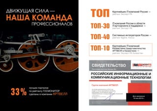 33%
лучших порталов
по рейтингу ГОСМОНИТОР
сделаны в компании АРТВЕЛЛ
НАША КОМАНДА
ПРОФЕССИОНАЛОВ
движущая сила —
ТОП-30
ТОП-40
ТОП
IT-компаний России в области
IT-аутсорсинга и поддержки —
рейтинг Эксперт РА
Крупнейших IT-компаний России —
рейтинг Эксперт РА
Системных интеграторов России —
рейтинг Tagline, Factus
ТОП-10
Крупнейших IT-компаний
Казахстана (представительство
АРТВЕЛЛ в Казахстане) —
рейтинг Эксперт РА Казахстан
 