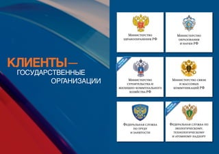 КЛИЕНТЫ—
	 ГОСУДАРСТВЕННЫЕ
			 ОРГАНИЗАЦИИ
Федеральная служба по
экологическому,
технологическому
и атомному надзору
Министерство
строительства и
жилищно-коммунального
хозяйства РФ
Министерство
здравоохранения РФ
Министерство
образования
и науки РФ
Федеральная служба
по труду
и занятости
Министерство связи
и массовых
коммуникаций РФ
 