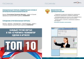 МОСКВА САНКТ-ПЕТЕРБУРГ СЫКТЫВКАР КАРАГАНДА КИЕВ
ГОСЗАКАЗЫ: ГОСЗАКАЗЫ:
Министерство
здравоохранения
КАЖДЫЙ ТРЕТИЙ ПОРТАЛ
В ТОП-10 РЕЙТИНГА ГОСМОНИТОР
СДЕЛАН В АРТВЕЛЛ
ГОРОДСКИЕ И РЕГИОНАЛЬНЫЕ ПОРТАЛЫ
Порталы: г. Щелково, г. Нижневартовск, г. Нижний Новгород — входят в
10 лучших городских порталов России по рейтингу ГОСМОНИТОР
ОФИЦИАЛЬНЫЕ ПОРТАЛЫ ФЕДЕРАЛЬНЫХ СЛУЖБ И
ОРГАНОВ ИСПОЛНИТЕЛЬНОЙ ВЛАСТИ
— Социальная сеть внештатных специалистов с возможностью
дистанционного видеообщения и проведения конференций.
— Консолидация бюджетной отчетности со всех подведомственных
учреждений, автоматический анализ полученных данных.
— Документооборот на Docsvision, сопровождение, разработка
новых модулей.
www.artwell.ru/minzdrav_communications
Порталы: Ростехнадзор, Росграница, Минстрой — входят в 10 лучших
официальных порталов ФОИВ по рейтингу ГОСМОНИТОР
 