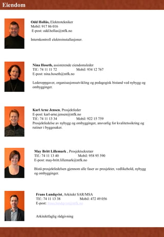 Eiendom
Odd Hollås, Elektrotekniker
Mobil: 917 86 016
E-post: odd.hollas@ntfk.no
Internkontroll elektroinstallasjoner.
Nina Hoseth, assisterende eiendomsleder
Tlf.: 74 11 11 72 Mobil: 934 12 767
E-post: nina.hoseth@ntfk.no
Lederoppgaver, organisasjonsutvikling og pedagogisk bistand ved nybygg og
ombygginger.
Karl Arne Jensen, Prosjektleder
E-post: karl-arne.jensen@ntfk.no
Tlf.: 74 11 13 34 Mobil: 922 15 759
Prosjektledelse av nybygg og ombygginger, ansvarlig for kvalitetssikring og
rutiner i byggesaker.
May Britt Lillemark , Prosjektsekretær
Tlf.: 74 11 13 40 Mobil: 958 95 590
E-post: may-britt.lillemark@ntfk.no
Bistå prosjektledelsen gjennom alle faser av prosjekter, vedlikehold, nybygg
og ombygginger.
Frans Lundqvist, Arkitekt SAR/MSA
Tlf.: 74 11 13 38 Mobil: 472 49 056
E-post: frans.lundqvist@ntfk.no
Arkitektfaglig rådgivning
 