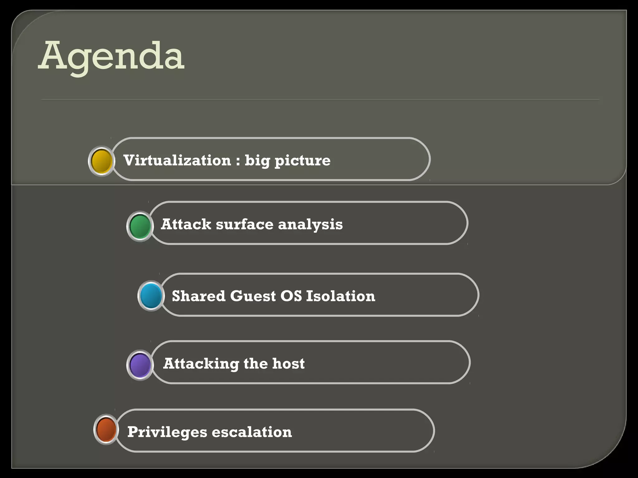 Agenda
Privileges escalation
Attacking the host
Shared Guest OS Isolation
Attack surface analysis
Virtualization : big picture
 