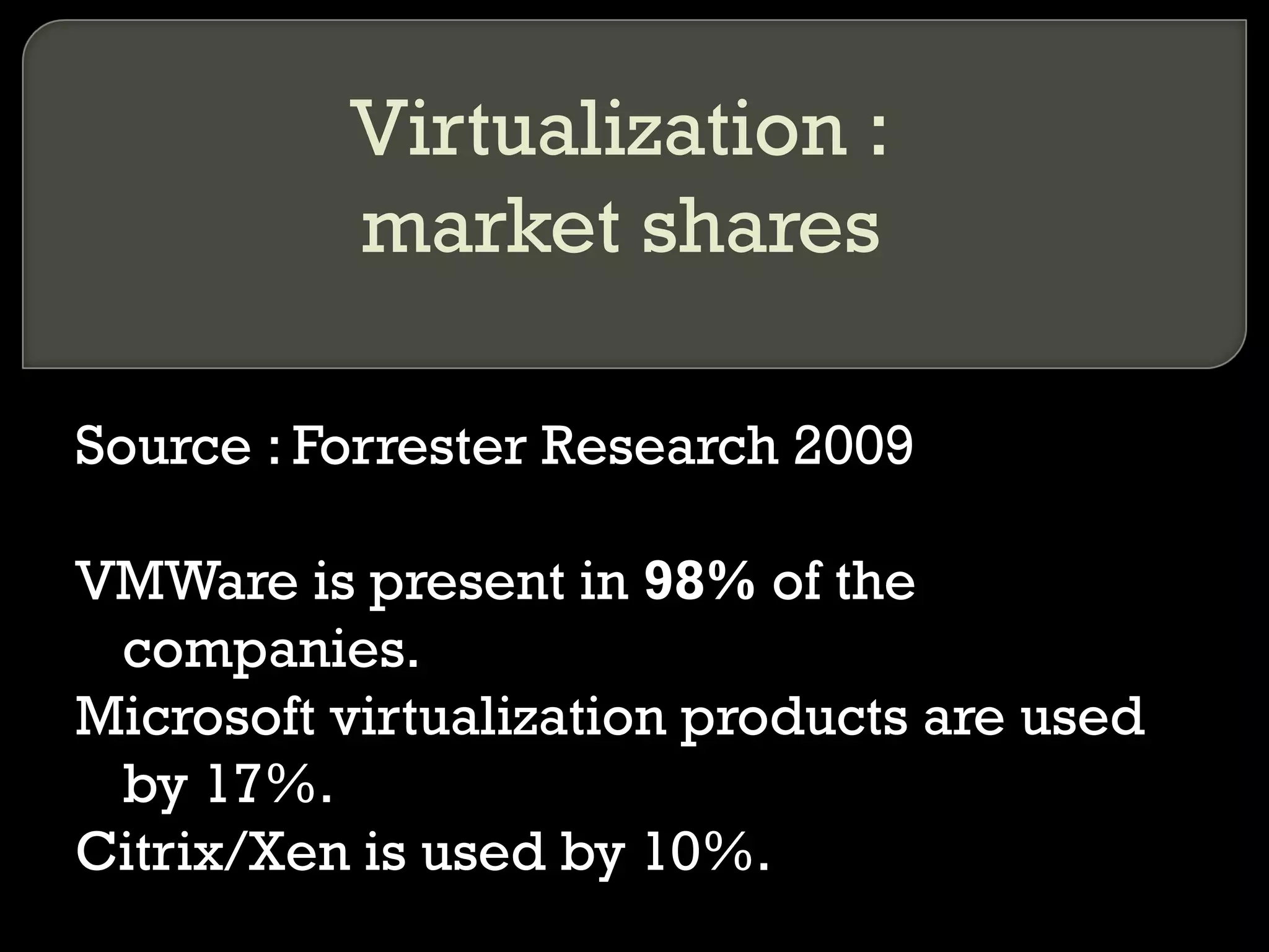 Virtualization :
market shares
Source : Forrester Research 2009
VMWare is present in 98% of the
companies.
Microsoft virtualization products are used
by 17%.
Citrix/Xen is used by 10%.
 