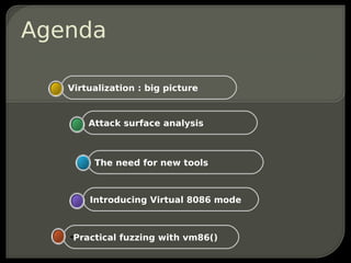 Agenda

   Virtualization : big picture



       Attack surface analysis



        The need for new tools



       Intr...