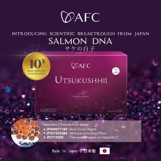 JP3040711B2 : Anti Tumor Agent
JP3272023B2 : Immune-activating Effect
JP2712000 : Therapeutic agent on Hepatitis C
Awarded 3 Patents from Japan
introducing scientific breaktrough from japan
salmon dna
サケの白 子
 