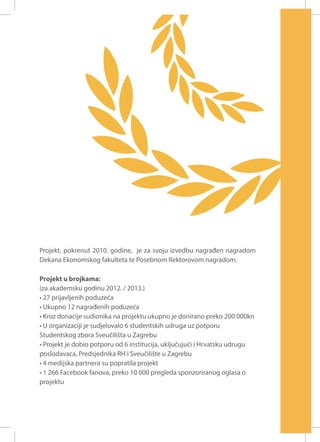 Projekt, pokrenut 2010. godine, je za svoju izvedbu nagrađen nagradom
Dekana Ekonomskog fakulteta te Posebnom Rektorovom nagradom.
Projekt u brojkama:
(za akademsku godinu 2012. / 2013.)
• 27 prijavljenih poduzeća
• Ukupno 12 nagrađenih poduzeća
• Kroz donacije sudionika na projektu ukupno je donirano preko 200 000kn
• U organizaciji je sudjelovalo 6 studentskih udruga uz potporu
Studentskog zbora Sveučilišta u Zagrebu
• Projekt je dobio potporu od 6 institucija, uključujući i Hrvatsku udrugu
poslodavaca, Predsjednika RH i Sveučilište u Zagrebu
• 4 medijska partnera su popratila projekt
• 1 266 Facebook fanova, preko 10 000 pregleda sponzoriranog oglasa o
projektu

 