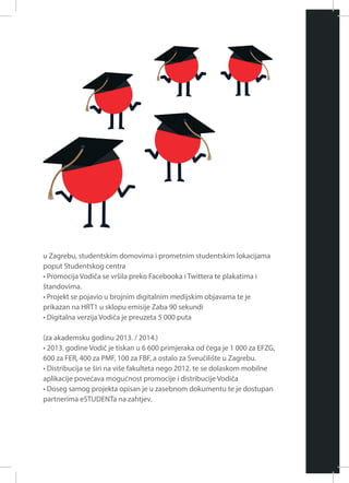 u Zagrebu, studentskim domovima i prometnim studentskim lokacijama
poput Studentskog centra
• Promocija Vodiča se vršila preko Facebooka i Twittera te plakatima i
štandovima.
• Projekt se pojavio u brojnim digitalnim medijskim objavama te je
prikazan na HRT1 u sklopu emisije Zaba 90 sekundi
• Digitalna verzija Vodiča je preuzeta 5 000 puta
(za akademsku godinu 2013. / 2014.)
• 2013. godine Vodič je tiskan u 6 600 primjeraka od čega je 1 000 za EFZG,
600 za FER, 400 za PMF, 100 za FBF, a ostalo za Sveučilište u Zagrebu.
• Distribucija se širi na više fakulteta nego 2012. te se dolaskom mobilne
aplikacije povećava mogućnost promocije i distribucije Vodiča
• Doseg samog projekta opisan je u zasebnom dokumentu te je dostupan
partnerima eSTUDENTa na zahtjev.

 