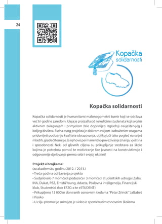 24

Kopačka solidarnosti
Kopačka solidarnosti je humanitarni malonogometni turnir koji se održava
već tri godine zaredom. Ideja je proizašla od nekolicine studenata koji svojim
aktivnim zalaganjem i primjerom žele doprinijeti izgradnji osvještenijeg i
boljeg društva. Svrha ovog projekta je dobrom voljom i udruženim snagama
pridonijeti podizanju kvalitete obrazovanja, oblikujući tako pogled na svijet
mladih, gradeći temelje za njihovo permanentno povezivanje znanja, vještina
i sposobnosti. Neki od glavnih ciljeva su prikupljanje sredstava za škole
kojima je potrebna pomoć te motiviranje šire javnosti na konstruktivnije i
odgovornije djelovanje prema sebi i svojoj okolini!
Projekt u brojkama:
(za akademsku godinu 2012. / 2013.)
• Treća godina održavanja projekta
• Sudjelovalo 7 momčadi poduzeća i 3 momčadi studentskih udruga (Zaba,
INA, Dukat, PBZ, Ernst&Young, Adacta, Poslovna inteligencija, Financijski
klub, Studentski zbor EFZG-a te eSTUDENT)
• Prikupljeno 13 000kn doniranih osnovnim školama ‘’Petar Zrinski’’ Jalžabet
i Visoko
• U cilju promocije snimljen je video o spomenutim osnovnim školama

 