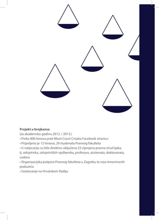 Projekt u brojkama:
(za akademsku godinu 2012. / 2013.)
• Preko 800 fanova prati Moot Court Croatia Facebook stranicu
• Prijavljeno je 12 timova, 29 studenata Pravnog fakulteta
• U natjecanju su bila direktno uključena 22 cijenjena pravna stručnjaka,
tj. odvjetnika, odvjetničkih vježbenika, profesora, asistenata, doktoranata,
sudaca
• Organizacijska potpora Pravnog fakulteta u Zagrebu te niza renomiranih
poduzeća
• Gostovanje na Hrvatskom Radiju

 