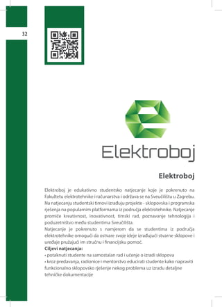 32

Elektroboj
Elektroboj je edukativno studentsko natjecanje koje je pokrenuto na
Fakultetu elektrotehnike i računarstva i održava se na Sveučilištu u Zagrebu.
Na natjecanju studentski timovi izrađuju projekte - sklopovska i programska
rješenja na popularnim platformama iz područja elektrotehnike. Natjecanje
promiče kreativnost, inovativnost, timski rad, poznavanje tehnologija i
poduzetništvo među studentima Sveučilišta.
Natjecanje je pokrenuto s namjerom da se studentima iz područja
elektrotehnike omogući da ostvare svoje ideje izrađujući stvarne sklopove i
uređaje pružajući im stručnu i financijsku pomoć.
Ciljevi natjecanja:
• potaknuti studente na samostalan rad i učenje o izradi sklopova
• kroz predavanja, radionice i mentorstvo educirati studente kako napraviti
funkcionalno sklopovsko rješenje nekog problema uz izradu detaljne
tehničke dokumentacije

 