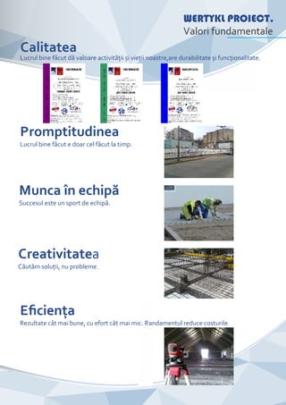 CompanyName
Calitatea
Lucrul bine făcut dă valoare activităţii și vieţii noastre,are durabilitate și funcţionalitate.
Promptitudinea
Lucrul bine făcut e doar cel făcut la timp.
Munca în echipă
Succesul este un sport de echipă.
Creativitatea
Căutăm soluţii, nu probleme.
Eﬁcienţa
Rezultate cât mai bune, cu efort cât mai mic. Randamentul reduce costurile.
WERTYKL PROIECT.
Valori fundamentale
 