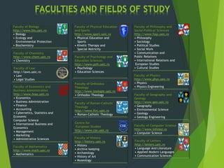 FACULTIES AND FIELDS OF STUDY
Faculty of Biology
http://www.bio.uaic.ro
• Biology
• Ecology and
Environmental Protection
• Biochemistry
Faculty of Chemistry
http://www.chem.uaic.ro
• Chemistry
Faculty of Law
http://laws.uaic.ro
• Law
• Legal Studies
Faculty of Economics and
Business Administration
http://www.feaa.uaic.ro
• Economics
• Business Administration
• Finance
• Accounting
• Cybernetics, Statistics and
Economic
Computer Science
• International Business and
Economics
• Management
• Marketing
• Administrative Sciences
Faculty of Physical Education
and Sports
http://www.sport.uaic.ro
• Physical Education and
Sports
• Kinetic Therapy and
Special Motricity
Faculty of Philosophy and
Social-Political Sciences
http://www.fssp.uaic.ro
• Philosophy
• Sociology
• Political Studies
• Social Work
• Communication and
Public Relations
• International Relations and
European Studies
• Cultural Studies
Faculty of Physics
http://www.phys.uaic.ro
• Physics
• Physics Engineering
Faculty of Geography and
Geology
http://www.geo.uaic.ro
• Geography
• Environmental Science
• Geology
• Geology Engineering
Faculty of Computer Science
http://www.infoiasi.ro
• Computer Science
Faculty of History
http://history.uaic.ro
• History
• Archive keeping
• Archaeology
• History of Art
• Museology
Faculty of Letters
http://letters.uaic.ro
• Language And Literature
• Applied Modern Languages
• Communication Sciences
Faculty of Mathematics
http://www.math.uaic.ro
• Mathematics
Faculty of Psychology and
Education Sciences
http://www.psih.uaic.ro
• Psychology
• Education Sciences
Faculty of Orthodox
Theology
http://www.teologie.uaic.ro
• Orthodox Theology
Faculty of Roman-Catholic
Theology
http://www.ftrc.uaic.ro
• Roman-Catholic Theology
Centre for
European Studies
http://www.cse.uaic.ro
 