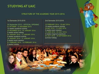STUDYING AT UAIC:
STRUCTURE OF THE ACADEMIC YEAR 2015-2016
1st Semester 2015-2016
30 September 2015 – OFFICIAL OPENING
01 OCTOBER – 22 DECEMBER 2015:
12 weeks academic activity
23 DECEMBER 2015 – 03 JANUARY 2016:
2 weeks winter holiday
04 JANUARY 2016 – 17 JANUARY 2016:
2 weeks academic activity
18 JANUARY 2016 – 31 JANUARY 2016:
2 weeks exam session
01 FEBRUARY 2016 – 14 FEBRUARY 2016:
2 weeks holiday
2nd Semester 2015-2016
15 FEBRUARY 2016 – 29 MAY 2016:
14 weeks academic activity
30 MAY 2016 – 12 JUNE 2016:
2 weeks exam session
13 JUNE 2016 – 03 JULY 2016:
3 weeks magnum practicum
04 JULY 2016 – 30 SEPTEMBER 2016:
summer holiday
 