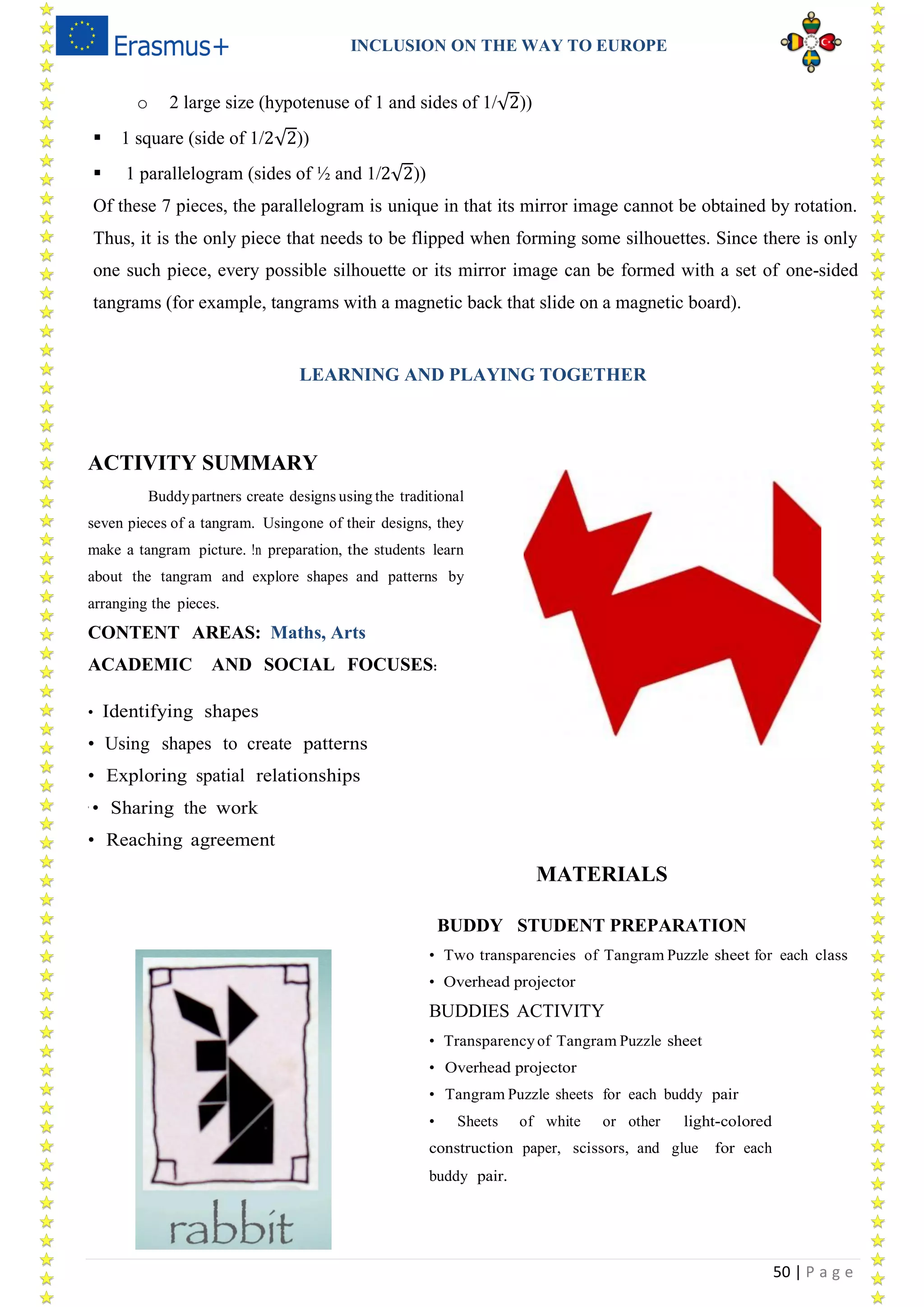 INCLUSION ON THE WAY TO EUROPE
50 | P a g e
o 2 large size (hypotenuse of 1 and sides of 1/ 2))
 1 square (side of 1/2 2))
 1 parallelogram (sides of ½ and 1/2 2))
Of these 7 pieces, the parallelogram is unique in that its mirror image cannot be obtained by rotation.
Thus, it is the only piece that needs to be flipped when forming some silhouettes. Since there is only
one such piece, every possible silhouette or its mirror image can be formed with a set of one-sided
tangrams (for example, tangrams with a magnetic back that slide on a magnetic board).
LEARNING AND PLAYING TOGETHER
ACTIVITY SUMMARY
Buddypartners create designs using the traditional
seven pieces of a tangram. Usingone of their designs, they
make a tangram picture. !n preparation, the students learn
about the tangram and explore shapes and patterns by
arranging the pieces.
CONTENT AREAS: Maths, Arts
ACADEMIC AND SOCIAL FOCUSES:
• Identifying shapes
• Using shapes to create patterns
• Exploring spatial relationships
· • Sharing the work
• Reaching agreement
MATERIALS
BUDDY STUDENT PREPARATION
• Two transparencies of Tangram Puzzle sheet for each class
• Overhead projector
BUDDIES ACTIVITY
• Transparency of Tangram Puzzle sheet
• Overhead projector
• Tangram Puzzle sheets for each buddy pair
• Sheets of white or other light-colored
construction paper, scissors, and glue for each
buddy pair.
 