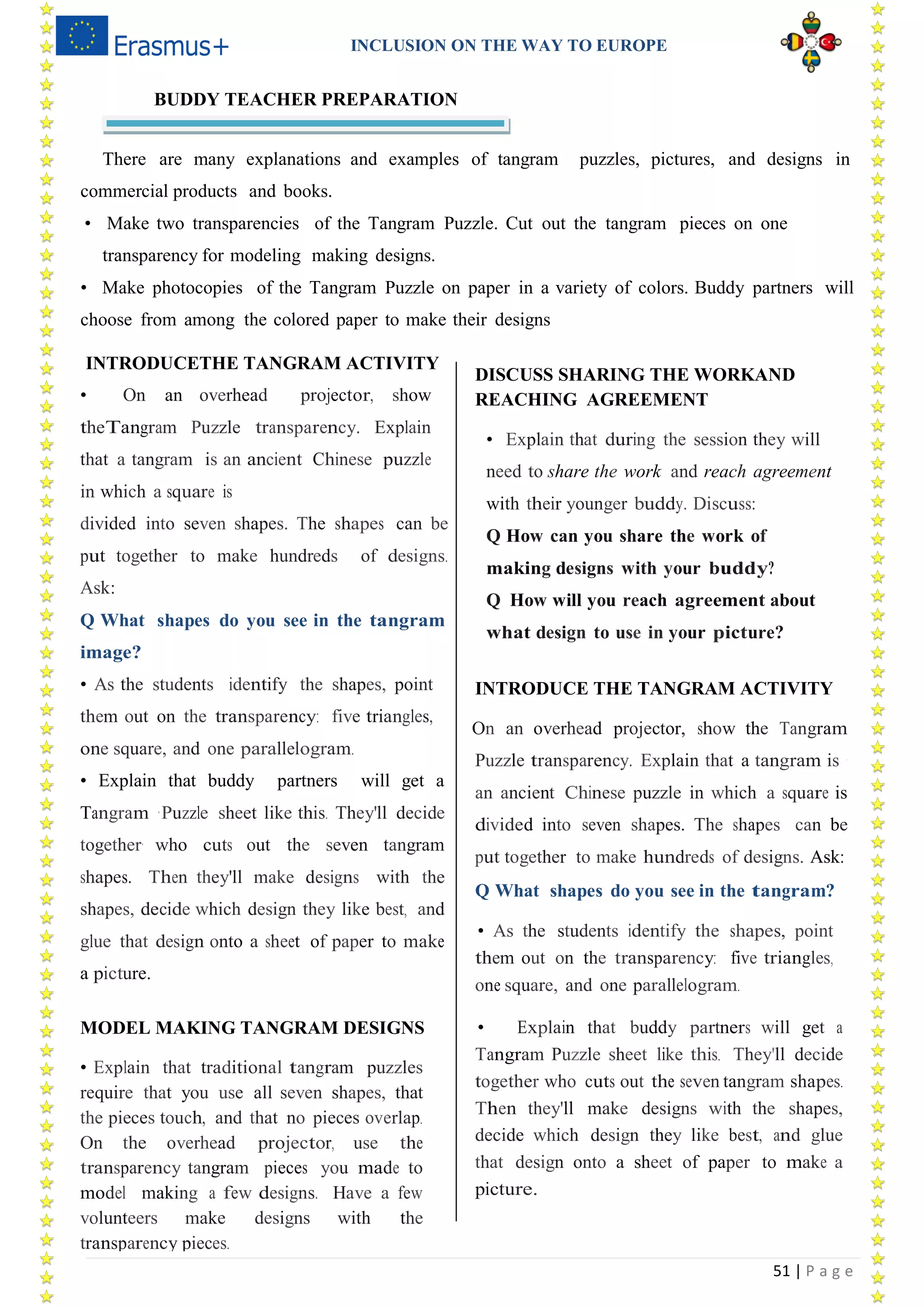 INCLUSION ON THE WAY TO EUROPE
51 | P a g e
BUDDY TEACHER PREPARATION
MODEL MAKING TANGRAM DESIGNS
There are many explanations and examples of tangram puzzles, pictures, and designs in
commercial products and books.
• Make two transparencies of the Tangram Puzzle. Cut out the tangram pieces on one
transparency for modeling making designs.
• Make photocopies of the Tangram Puzzle on paper in a variety of colors. Buddy partners will
choose from among the colored paper to make their designs
INTRODUCETHE TANGRAM ACTIVITY
• On an overhead projector, show
theTangram Puzzle transparency. Explain
that a tangram is an ancient Chinese puzzle
in which a square is
divided into seven shapes. The shapes can be
put together to make hundreds of designs.
Ask:
Q What shapes do you see in the tangram
image?
• As the students identify the shapes, point
them out on the transparency: five triangles,
one square, and one parallelogram.
• Explain that buddy partners will get a
Tangram ·Puzzle sheet like this. They'll decide
together· who cuts out the seven tangram
shapes. Then they'll make designs with the
shapes, decide which design they like best, and
glue that design onto a sheet of paper to make
a picture.
MODEL MAKING TANGRAM DESIGNS
• Explain that traditional tangram puzzles
require that you use all seven shapes, that
the pieces touch, and that no pieces overlap.
On the overhead projector, use the
transparency tangram pieces you made to
model making a few designs. Have a few
volunteers make designs with the
transparency pieces.
DISCUSS SHARING THE WORKAND
REACHING AGREEMENT
• Explain that during the session they will
need to share the work and reach agreement
with their younger buddy. Discuss:
Q How can you share the work of
making designs with your buddy?
Q How will you reach agreement about
what design to use in your picture?
INTRODUCE THE TANGRAM ACTIVITY
• On an overhead projector, show the Tangram
Puzzle transparency. Explain that a tangram is ·
an ancient Chinese puzzle in which a square is
divided into seven shapes. The shapes can be
put together to make hundreds of designs. Ask:
Q What shapes do you see in the tangram?
• As the students identify the shapes, point
them out on the transparency: five triangles,
one square, and one parallelogram.
• Explain that buddy partners will get a
Tangram Puzzle sheet like this. They'll decide
together who cuts out the seven tangram shapes.
Then they'll make designs with the shapes,
decide which design they like best, and glue
that design onto a sheet of paper to make a
picture.
 