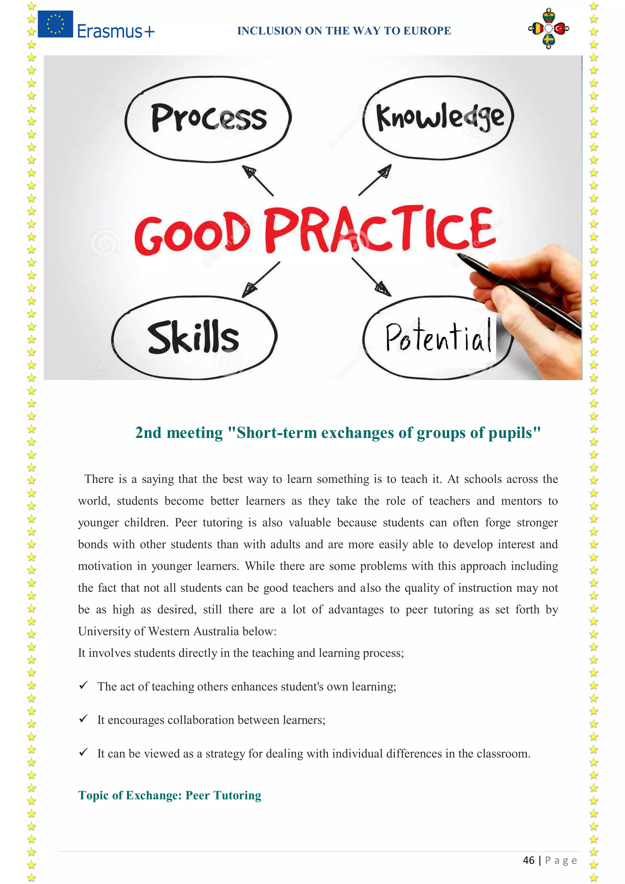 INCLUSION ON THE WAY TO EUROPE
46 | P a g e
2nd meeting "Short-term exchanges of groups of pupils"
There is a saying that the best way to learn something is to teach it. At schools across the
world, students become better learners as they take the role of teachers and mentors to
younger children. Peer tutoring is also valuable because students can often forge stronger
bonds with other students than with adults and are more easily able to develop interest and
motivation in younger learners. While there are some problems with this approach including
the fact that not all students can be good teachers and also the quality of instruction may not
be as high as desired, still there are a lot of advantages to peer tutoring as set forth by
University of Western Australia below:
It involves students directly in the teaching and learning process;
 The act of teaching others enhances student's own learning;
 It encourages collaboration between learners;
 It can be viewed as a strategy for dealing with individual differences in the classroom.
Topic of Exchange: Peer Tutoring
 