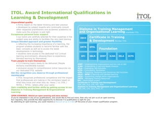 ITOL. Award International Qualifications in
Learning & Development
Unparalleled quality
     • firmly based on the latest thinking and best practice
     • developed by subject experts who continually consult
     other respected practitioners and acclaimed academics to                  Diploma in Training Management
     make sure the program is just right                                       and Organisational Learning Licentiate ITOL
Exceptional personal tutor support
     • our tutors are carefully selected for their expertise in the
                                                                                3SCO      Certificate in Training
     subject area and ability to facilitate the very best training
Unique blended approach and greater flexibility                                           & Development Member ITOL
     • reflecting the increasing importance of e-learning, the
     program enables students to become familiar with the                       3MTR      4PDL
     basic concepts as well as to access the latest                                                   Foundation
     developments in technology
     • students have access to the dedicated VLE (virtual
     learning environment), allowing them to experience                          6PJ      4BLN        3DEP        3LNA         3ELA   6CFS
     blended learning by themselves
Train people to train themselves
     • 113 training topics ready-to-be-delivered (People                     4DEP – Understanding organizations and the role of L&D
     Alchemy transferable license)                                           4LNA – Undertaking a Learning Needs Analysis
     • exclusive access to comprehensive online resources via                3ELA – Evaluating L&D Activities
     our dedicated ITOL website                                              6CFS – Consultancy. Facilitation
Get the recognition you deserve through professional                         4PDL – Preparing, Designing and Delivering L&D Activities
                                                                             4BLN – NEW! E-learning and blended learning
membership
                                                                             3SCO – Supporting change within organizations
     • ITOL recognizes professional competence and the impact                3MTR – Managing Training Resources
     that professionals are making in the workplace based on                 6PJ – Work-based project
     what they know and what they do: Assoc / Lic ITOL /                     Certificate in Training and Development:
     MITOL / FITOL– letters after your name                                  DEP, LNA, ELA, CFS, PDL, BLN
Gain credibility and further skills by getting access to our                 Diploma in Training Management and Organizational Learning:
                                                                             DEP, LNA, CFS, SCO, MTR, PJ
Diploma in Training Management & Organizational
Learning
OPEN EVENINGS. Attend an open evening and save money!
If you're interested in any of our qualifications, and would like to find out more, then why not join us at an open evening.
Run regularly, they provide the ideal opportunity to discover if a qualification is right for you.
By attending an open evening, you could receive a discount of up to €300 off the price of your chosen qualification program.
 