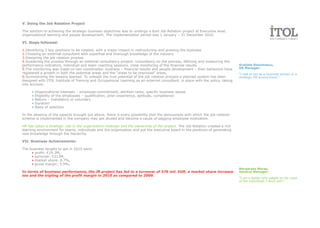 V. Doing the Job Rotation Project

The solution to achieving the strategic business objectives was to undergo a bold Job Rotation project at Executive level,
organizational learning and people development. The implementation period was 1 January – 31 December 2010.

VI. Steps followed:

1.Identifying 3 key positions to be rotated, with a major impact in restructuring and growing the business
2.Choosing an external consultant with expertise and thorough knowledge of the industry
3.Designing the job rotation process
4.Sustaining the process through an external consultancy project: consultancy on the process, defining and measuring the
performance indicators, individual and team coaching sessions, close monitoring of the financial results                         Grațiela Simionescu,
5.The monitoring was made on two coordinates: business – financial results and people development – their behaviors have         HR Manager:
registered a growth in both the potential areas and the “areas to be improved” areas.                                            “I had to act as a business person in a
6.Summarizing the lessons learned. To unleash the true potential of the job rotation process a planned system has been           strategic HR environment.”
designed with ITOL Institute of Training and Occupational Learning as an external consultant, in place with the policy, taking
into account:

     •   Organizational interests – employee commitment, attrition rates, specific business issues
     •   Eligibility of the employees – qualification, prior experience, aptitude, competence
     •   Nature – mandatory or voluntary
     •   Duration
     •   Basis of selection

In the absence of the aspects brought out above, there is every possibility that the seriousness with which the job rotation
scheme is implemented in the company may get diluted and become a cause of sagging employee motivation.

HR has taken a strategic role in the organization redesign and the ownership of the project. The Job Rotation created a rich
learning environment for teams, individuals and the organization and put the executive board in the positions of generating
new knowledge through the hierarchy.

VII. Business Achievements:

The business targets to get in 2010 were:
     • profit: €19.3M,
     • turnover: €213M,
     • market share: 8.7%,
     • gross margin: 5.9%;
                                                                                                                                 Margareta Mareș,
In terms of business performance, the JR project has led to a turnover of 576 mil. EUR, a market share increase                  General Manager:
too and the tripling of the profit margin in 2010 as compared to 2009.
                                                                                                                                 “I am a leader who adapts to the need
                                                                                                                                 of the individuals I work with”.
 