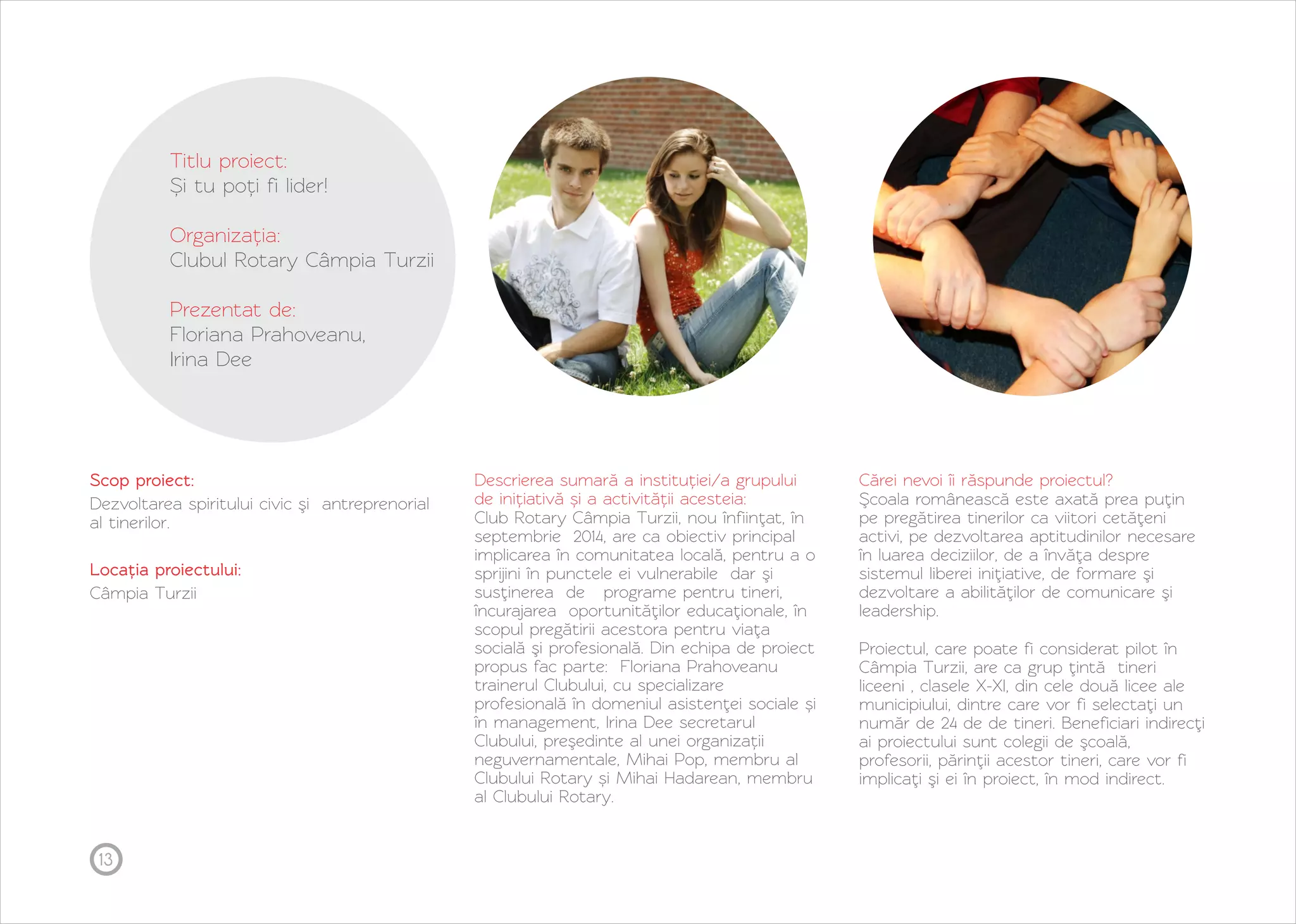 Dezvoltarea spiritului civic şi antreprenorial 
al tinerilor. 
13 
Titlu proiect: 
Ș i tu poți fi lider! 
Organizația: 
Clubul Rotary Câmpia Turzii 
Prezentat de: 
Prahoveanu, 
Floriana 
Irina 
Dee 
Scop proiect: 
Locația proiectului: 
Câmpia Turzii 
Descrierea sumară a instituției/a grupului 
de inițiativă și a activității acesteia: 
Club Rotary Câmpia Turzii, nou înfiinţat, în 
septembrie 2014, are ca obiectiv principal 
implicarea în comunitatea locală, pentru a o 
sprijini în punctele ei vulnerabile dar şi 
susţinerea de programe pentru tineri, 
încurajarea oportunităţilor educaţionale, în 
scopul pregătirii acestora pentru viaţa 
socială şi profesională. Din echipa de proiect 
propus fac parte: Floriana Prahoveanu 
trainerul Clubului, cu specializare 
profesională în domeniul asistenţei sociale și 
în management, Irina Dee secretarul 
Clubului, preşedinte al unei organizații 
neguvernamentale, Mihai Pop, membru al 
Clubului Rotary și Mihai Hadarean, membru 
al Clubului Rotary. 
Cărei nevoi îi răspunde proiectul? 
Ş coala românească este axată prea puţin 
pe pregătirea tinerilor ca viitori cetăţeni 
activi, pe dezvoltarea aptitudinilor necesare 
în luarea deciziilor, de a învăţa despre 
sistemul liberei iniţiative, de formare şi 
dezvoltare a abilităţilor de comunicare şi 
leadership. 
Proiectul, care poate fi considerat pilot în 
Câmpia Turzii, are ca grup ţintă tineri 
liceeni , clasele X-XI, din cele două licee ale 
municipiului, dintre care vor fi selectaţi un 
număr de 24 de de tineri. Beneficiari indirecţi 
ai proiectului sunt colegii de şcoală, 
profesorii, părinţii acestor tineri, care vor fi 
implicaţi şi ei în proiect, în mod indirect. 
 