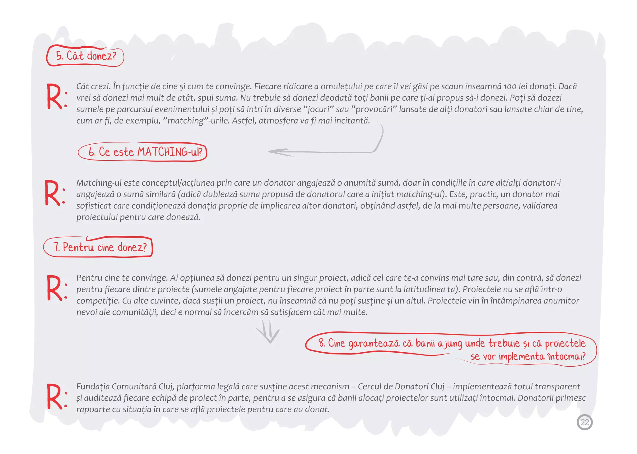 5. Cat donez? 
Cât crezi. În funcție de cine și cum te convinge. Fiecare ridicare a omulețului pe care îl vei găsi pe scaun înseamnă 100 lei donați. Dacă 
vrei să donezi mai mult de atât, spui suma. Nu trebuie să donezi deodată toți banii pe care ți-ai propus să-i donezi. Poți să dozezi 
sumele pe parcursul evenimentului și poți să intri în diverse ”jocuri” sau ”provocări” lansate de alți donatori sau lansate chiar de tine, 
cum ar fi, de exemplu, ”matching”-urile. Astfel, atmosfera va fi mai incitantă. 
Matching-ul este conceptul/acțiunea prin care un donator angajează o anumită sumă, doar în condițiile în care alt/alți donator/-i 
angajează o sumă similară (adică dublează suma propusă de donatorul care a inițiat matching-ul). Este, practic, un donator mai 
sofisticat care condiționează donația proprie de implicarea altor donatori, obținând astfel, de la mai multe persoane, validarea 
proiectului pentru care donează. 
R: 
R: 
6. Ce este MATCHING-ul? 
7. Pentru cine donez? 
Pentru cine te convinge. Ai opțiunea să donezi pentru un singur proiect, adică cel care te-a convins mai tare sau, din contră, să donezi 
pentru fiecare dintre proiecte (sumele angajate pentru fiecare proiect în parte sunt la latitudinea ta). Proiectele nu se află într-o 
competiție. Cu alte cuvinte, dacă susții un proiect, nu înseamnă că nu poți susține și un altul. Proiectele vin în întâmpinarea anumitor 
nevoi ale comunității, deci e normal să încercăm să satisfacem cât mai multe. 
Fundația Comunitară Cluj, platforma legală care susține acest mecanism – Cercul de Donatori Cluj – implementează totul transparent 
și auditează fiecare echipă de proiect în parte, pentru a se asigura că banii alocați proiectelor sunt utilizați întocmai. Donatorii primesc 
rapoarte cu situația în care se află proiectele pentru care au donat. 
R: 
R: 
8. Cine garanteaza ca banii ajung unde trebuie si ca proiectele 
se vor implementa intocmai? 
22 
 