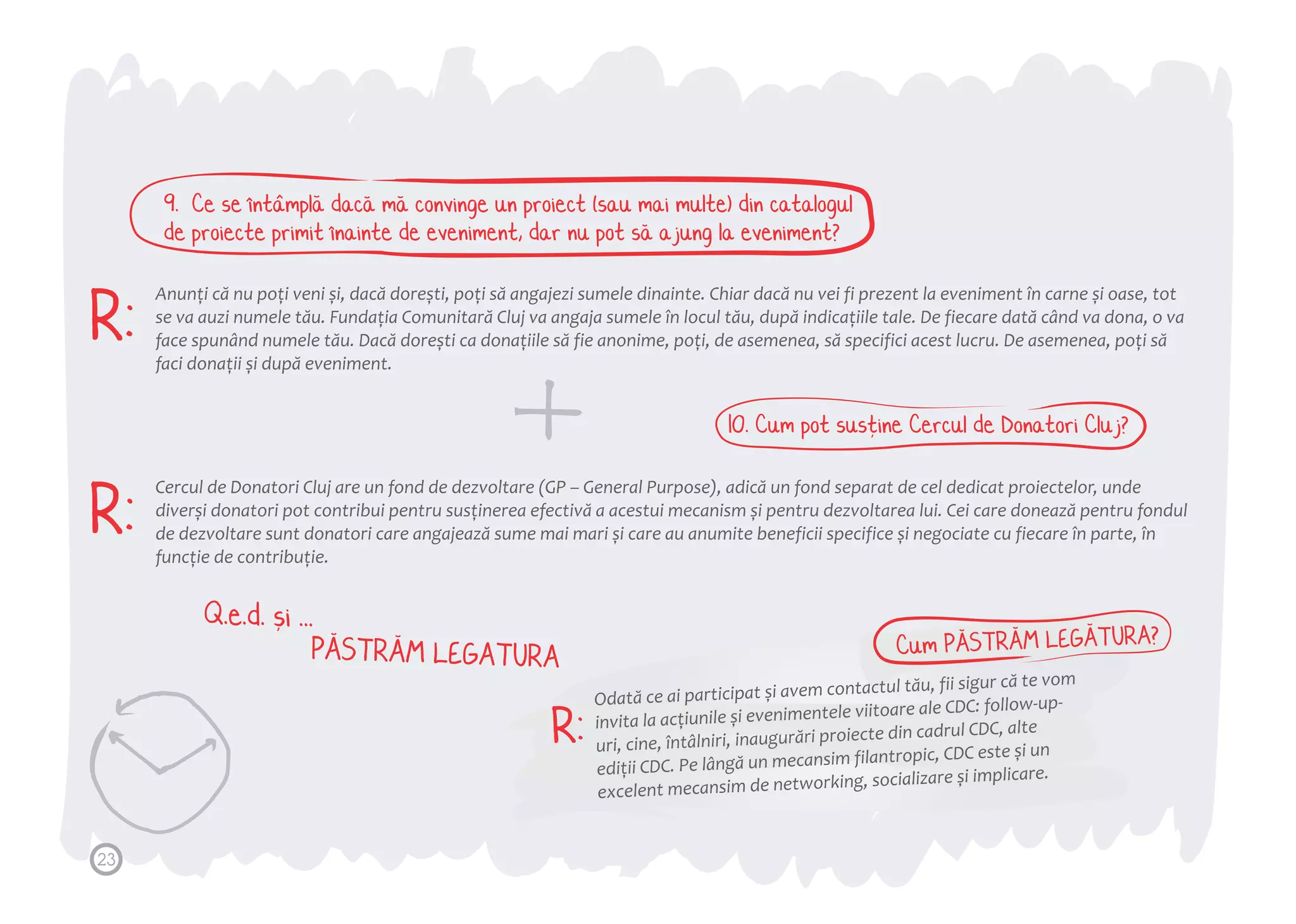 9. Ce se intampla daca ma convinge un proiect (sau mai multe) din catalogul 
de proiecte primit inainte de eveniment, dar nu pot sa ajung la eveniment? 
Anunți că nu poți veni și, dacă dorești, poți să angajezi sumele dinainte. Chiar dacă nu vei fi prezent la eveniment în carne și oase, tot 
se va auzi numele tău. Fundația Comunitară Cluj va angaja sumele în locul tău, după indicațiile tale. De fiecare dată când va dona, o va 
face spunând numele tău. Dacă dorești ca donațiile să fie anonime, poți, de asemenea, să specifici acest lucru. De asemenea, poți să 
faci donații și după eveniment. 
Cercul de Donatori Cluj are un fond de dezvoltare (GP – General Purpose), adică un fond separat de cel dedicat proiectelor, unde 
diverși donatori pot contribui pentru susținerea efectivă a acestui mecanism și pentru dezvoltarea lui. Cei care donează pentru fondul 
de dezvoltare sunt donatori care angajează sume mai mari și care au anumite beneficii specifice și negociate cu fiecare în parte, în 
funcție de contribuție. 
R: 
R: 
10. Cum pot sustine Cercul de Donatori Cluj? 
avem contactul tău, fii sigur că te vom 
Odată invita up-uri, 
ce ai participat și follow-la acțiunile și evenimentele viitoare ale CDC: inaugurări proiecte din cadrul CDC, alte 
cine, întâlniri, ediții CDC. Pe lângă un mecansim filantropic, CDC este și un 
excelent mecansim de networking, socializare și implicare. 
R: 
Cum PASTRAM LEGATURA? 
Q.e.d. si ... 
PASTRAM LEGATURA 
23 
 