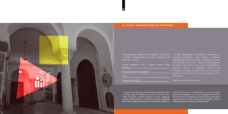 51
Universitatea de Arhitectură și Urbanism “Ion Mincu”
–Instituţie Organizatoare de Studii Universitare de
Doctorat – IOSUD
Școala Doctorală „ SITT - Spaţiu, Imagine, Text,
Teritoriu”
Școala Doctorală de Urbanism
3 ani
180 de credite ECTS
» Studiile universitare de doctorat în arhitectură și
urbanism cumulează o serie cursuri și cercetare
individuală pe teme de maximă actualitate. Cursurile,
cumulând 60 credite ECTS, cuprind un modul general
de arhitectură/urbanism, sau module interdisciplinare
opționale, precum și prezentări periodice ale
rezultatelor cercetării. Subiectul temei de cercetare se
stabilește individual în acord cu îndrumătorul lucrării
de doctorat.
http://www.uauim.ro/doctorat/
I V . S T U D I I U N I V E R S I T A R E D E D O C T O R A T
» Școala doctorală online va fi deschisă studenților străini
în limba engleză începând din anul universitar 2017-
2018. Studenții urmează online cursurile obligatorii
primelor două semestre, urmând să continue pregătirea
doctorală și redactarea tezei prin schimburile digitale cu
îndrumătorul alocat în conformitate cu tema cercetării.
Susținerea referatelor se va face deasemenea online.
Prezența fizică a studenților doctorali online este nece­
sară de două ori pe an, în sesiunile de examen, când se
întâlnesc pentru consiliere cu îndrumătorii.
 