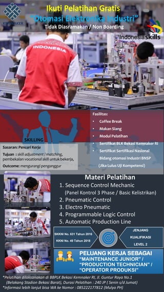 Ikuti Pelatihan Gratis
“Otomasi Elektronika Industri”
Tidak Diasramakan / Non Boarding
Materi Pelatihan
1. Sequence Control Mechanic
(Panel Kontrol 3 Phase / Basic Kelistrikan)
2. Pneumatic Control
3. Electro Pneumatic
4. Programmable Logic Control
5. Automatic Production Line
*Pelatihan dilaksanakan di BBPLK Bekasi Kemnaker RI, Jl. Guntur Raya No.1
(Belakang Stadion Bekasi Barat), Durasi Pelatihan : 240 JP ( Senin s/d Jumat)
*Informasi lebih lanjut bisa WA ke Nomor : 085222177812 (Mulyo PH)
KEMNAKER
Sasaran: Pencari Kerja
Tujuan : skill adjustment /matching,
pembekalan vocational skill untukbekerja,
Outcome: mengurangi penganggur
SKILLING
Fasilitas:
• Coffee Break
• Makan Siang
• Modul Pelatihan
• Sertifikat BLK Bekasi Kemnaker RI
• Sertifikat Sertifikasi Nasional
Bidang otomasi Industri BNSP
(Jika Lulus Uji Kompetensi)
JENJANG
KUALIFIKASI
LEVEL 2
PELUANG KERJA SEBAGAI
“MAINTENANCE JUNIOR” /
“PRODUCTION TECHNICIAN” /
“OPERATOR PRODUKSI”
SKKNI No. 631 Tahun 2016
KKNI No. 49 Tahun 2018
 