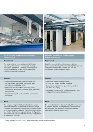 1) In acc. with EN 50110-1 (VDE 0105-1); please always observe national regulations/standards
Sophisticated power distribution with
high currents
Reliable, transparent power supply
in the data centre
Requirement Requirement
The construction of a new production hall for solar
technology also calls for a power supply meeting
the highest of demands. Extremely power-intensive
production processes as well as complicated local
conditions have to be considered.
Supplying power to data centres requires optimum
power supply reliability and consistently high transparency.
Further requirements are a low fire load and low
susceptibility to electromagnetic fields.
Solution Solution
■■ Connection between the five transformers and
the low-voltage main power distribution board
via five system LD busbar runs
■■ Eight runs up to 4,000 A for consistent power
distribution; tap-off units pluggable while energised1)
up to 1,250 A
■■ Two spare runs with 2,500 A each for future system
expansions
■■ Redundant busbar trunking systems,
e.g. the BD2 system as power backbone
■■ Busbar trunking system as spur in the underfloor,
for direct rack supply
■■ Networked connection via ancillary equipment units
and parallel wired standard bus system
Result Result
The compact design of the busbar distribution system
offers a space-saving solution with an attractive design.
Extremely high operating transparency is achieved thanks
to its communication capability. The short-circuit strength
and the low fire load lead to greater safety. Configuration
is made easier by simple and flexible planning or adaptation
to the building structure.
The power distribution is characterised by full transparency.
In addition, the racks have high power supply reliability
and automatic load detection. The demand-oriented
expandability keeps all options open.
23
 