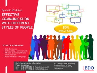 EFFECTIVE
COMMUNICATION
WITH DIFFERENT
STYLES OF PEOPLE
Dynamic Workshop
SCOPE OF WORKSHOPS:
Brain dominance
Understanding 4 temperaments
Different character different
communication
Works effectively with people
BDO Human Capital & Training
Prudential Tower, 16th Floor
Jl. Jenderal Sudirman Kav 79
Jakarta 12910
For in-house training information,
Please contact us:
Reini : 0812 8760 8686, E: rhastuti@bdo.co.id
Tini : 0815 8514 5562, E: tyuliati@bdo.co.id
80%
PRACTICING
 