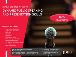 80%
PRACTICING
DYNAMIC PUBLIC SPEAKING
AND PRESENTATION SKILLS
2-Days Dynamic Workshop
o Vocal control & Dialogue
o Body language & Facial
expression
o Blocking
o Mental block
o Building Confidence
o Brain Rules for presentation
o Ice breaking for success
o The power of presentation design
o Know your stage
o Know your audience
Scope of workshop:
For in-house training information,
Please contact us:
Reini : 0812 8760 8686, E: rhastuti@bdo.co.id
Tini : 0815 8514 5562, E: tyuliati@bdo.co.id
BDO Human Capital & Training
Prudential Tower, 16th Floor
Jl. Jenderal Sudirman Kav 79
Jakarta 12910
 