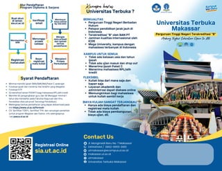 Buat akun
di laman
sia.ut.ac.id
Verifikasi
email
Membayar
biaya admisi
Rp 100.000
Mengisi
data pribadi
dan upload
berkas
pendaftaran
Menunggu
proses
validasi
Mendapatkan
NIM
Registrasi
matakuliah
Bayar
registrasi
mata kuliah
Menjalani
Proses
Perkuliahan
Universitas Terbuka
Universitas Terbuka
Makassar
Makassar
Making Higher Education Open to All
Perguruan Tinggi Negeri Terakreditasi "B"
0411441444 / 0852-9955-9951
makassar.ut.ac.id
Jl. Monginsidi Baru No. 7 Makassar
utmakassar@ecampus.ut.ac.id
Contact Us
utmakassar
Universitas Terbuka Makassar
Alur Pendaftaran
Program Diploma & Sarjana
Syarat Pendaftaran
Minimal memiliki ijazah SMA/SMK/MA/Paket C sederajat
Fotokopi ijazah dan transkrip nilai terakhir yang dilegalisir
Fotokopi KTP
Screenshoot laman PDDIKTI bagi mahasiswa RPL/alih kredit
Memiliki SK pengangkatan guru dan SK Mengajar minimal 1
tahun jika mendaftar pada Fakultas Keguruan dan Ilmu
Pendidikan (Kecuali prodi Teknologi Pendidikan)
Melengkapi berkas pendaftaran yang dapat didownload pada
link https://www.ut.ac.id/formulir
CV, Sertifikat TOEFL, Sertifikat TPA dan rancangan penelitian
(untuk program Magister dan Doktor, info selengkapnya
cek pasca.ut.ac.id
Registrasi Online
sia.ut.ac.id
Perguruan Tinggi Negeri Berbadan
Hukum
Pelopor pendidikan jarak jauh di
Indonesia
Terakreditasi "B" oleh BAN PT
Jaminan kualitas internasional oleh
ICDE
Mega University, kampus dengan
mahasiswa terbanyak di Indonesia
BERKUALITAS
Universitas Terbuka ?
Kenapa harus
Tidak ada batasan usia dan tahun
ijazah
Tidak ada ujian masuk dan drop out
Menerima ijazah Paket C
Menerima mahasiswa RPL/alih
kredit
KAMPUS UNTUK SEMUA
Kuliah bisa dari mana saja dan
kapan saja
Layanan akademik dan
administrasi dapat diakses online
Memungkinkan bagi mahasiswa
untuk kuliah sambil kerja
FLEKSIBEL
Hanya ada biaya pendaftaran dan
registrasi mata kuliah
Tidak ada biaya pembangunan,
biaya ujian, dll.
BIAYA KULIAH SANGAT TERJANGKAU
 