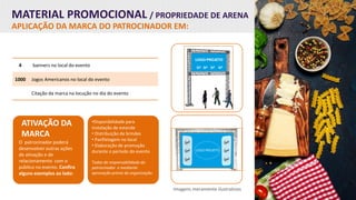 MATERIAL PROMOCIONAL / PROPRIEDADE DE ARENA
APLICAÇÃO DA MARCA DO PATROCINADOR EM:
ATIVAÇÃO DA
MARCA
O patrocinador poderá
desenvolver outras ações
de ativação e de
relacionamento com o
público no evento. Confira
alguns exemplos ao lado:
Imagens meramente ilustrativas
4 banners no local do evento
1000 Jogos Americanos no local do evento
Citação da marca na locução no dia do evento
•Disponibilidade para
instalação de estande
• Distribuição de brindes
• Panfletagem no local
• Elaboração de promoção
durante o período do evento
Todas de responsabilidade do
patrocinador e mediante
aprovação prévia da organização.
 