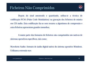 Ficheiros Não Comprimidos
           Depois do sinal amostrado e quantizado, utiliza-se a técnica de
codificação PCM (Pulse Code Modulation) na gravação dos ficheiros de música
em CD áudio. Esta codificação faz-se sem recurso a algoritmos de compressão e
estes ficheiros apresentam grandes tamanhos.


           A maior parte dos formatos de ficheiros não comprimidos são nativos de
sistemas operativos específicos, tais como:


Waveform Audio: formato de áudio digital nativo do sistema operativo Windows.
Utilizam a extensão wav.


  www.joaoleal.net               Professor: João José Leal                  10
 