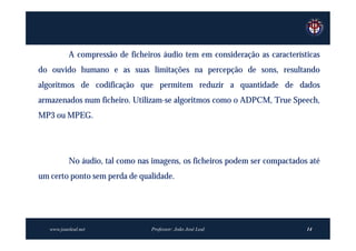 A compressão de ficheiros áudio tem em consideração as características
do ouvido humano e as suas limitações na percepção de sons, resultando
algoritmos de codificação que permitem reduzir a quantidade de dados
armazenados num ficheiro. Utilizam-se algoritmos como o ADPCM, True Speech,
MP3 ou MPEG.




           No áudio, tal como nas imagens, os ficheiros podem ser compactados até
um certo ponto sem perda de qualidade.




   www.joaoleal.net               Professor: João José Leal                  14
 