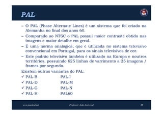 PAL
– O PAL (Phase Alternate Lines) é um sistema que foi criado na
  Alemanha no final dos anos 60.
– Comparado ao NTSC o PAL possui maior contraste obtido nas
  imagens e maior detalhe em geral.
– É uma norma analógica, que é utilizada no sistema televisivo
  convencional em Portugal, para os sinais televisivos de cor.
– Este padrão televisivo também é utilizado na Europa e noutros
  territórios, possuindo 625 linhas de varrimento a 25 imagens /
  frames por segundo.
Existem outras variantes do PAL:
 PAL-B              PAL-I
 PAL-D              PAL-M
 PAL-G              PAL-N
 PAL-H              PAL60

www.joaoleal.net        Professor: João José Leal           11
 