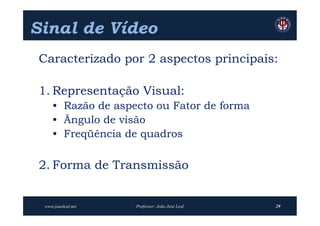 Sinal de Vídeo
Caracterizado por 2 aspectos principais:

1. Representação Visual:
    • Razão de aspecto ou Fator de forma
    • Ângulo de visão
    • Freqüência de quadros

2. Forma de Transmissão


 www.joaoleal.net   Professor: João José Leal   29
 