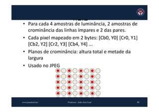 4:2:2
• Para cada 4 amostras de luminância, 2 amostras de
  crominância das linhas ímpares e 2 das pares.
• Cada pixel mapeado em 2 bytes: [Cb0, Y0] [Cr0, Y1]
  [Cb2, Y2] [Cr2, Y3] [Cb4, Y4] ...
• Planos de crominância: altura total e metade da
  largura
• Usado no JPEG




www.joaoleal.net    Professor: João José Leal      51
 
