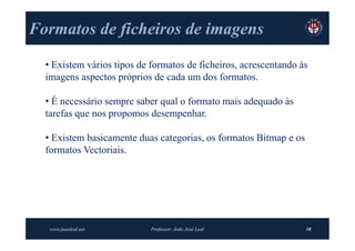 Formatos de ficheiros de imagens

  • Existem vários tipos de formatos de ficheiros, acrescentando às
  imagens aspectos próprios de cada um dos formatos.

  • É necessário sempre saber qual o formato mais adequado às
  tarefas que nos propomos desempenhar.

  • Existem basicamente duas categorias, os formatos Bitmap e os
  formatos Vectoriais.




   www.joaoleal.net         Professor: João José Leal              10
 